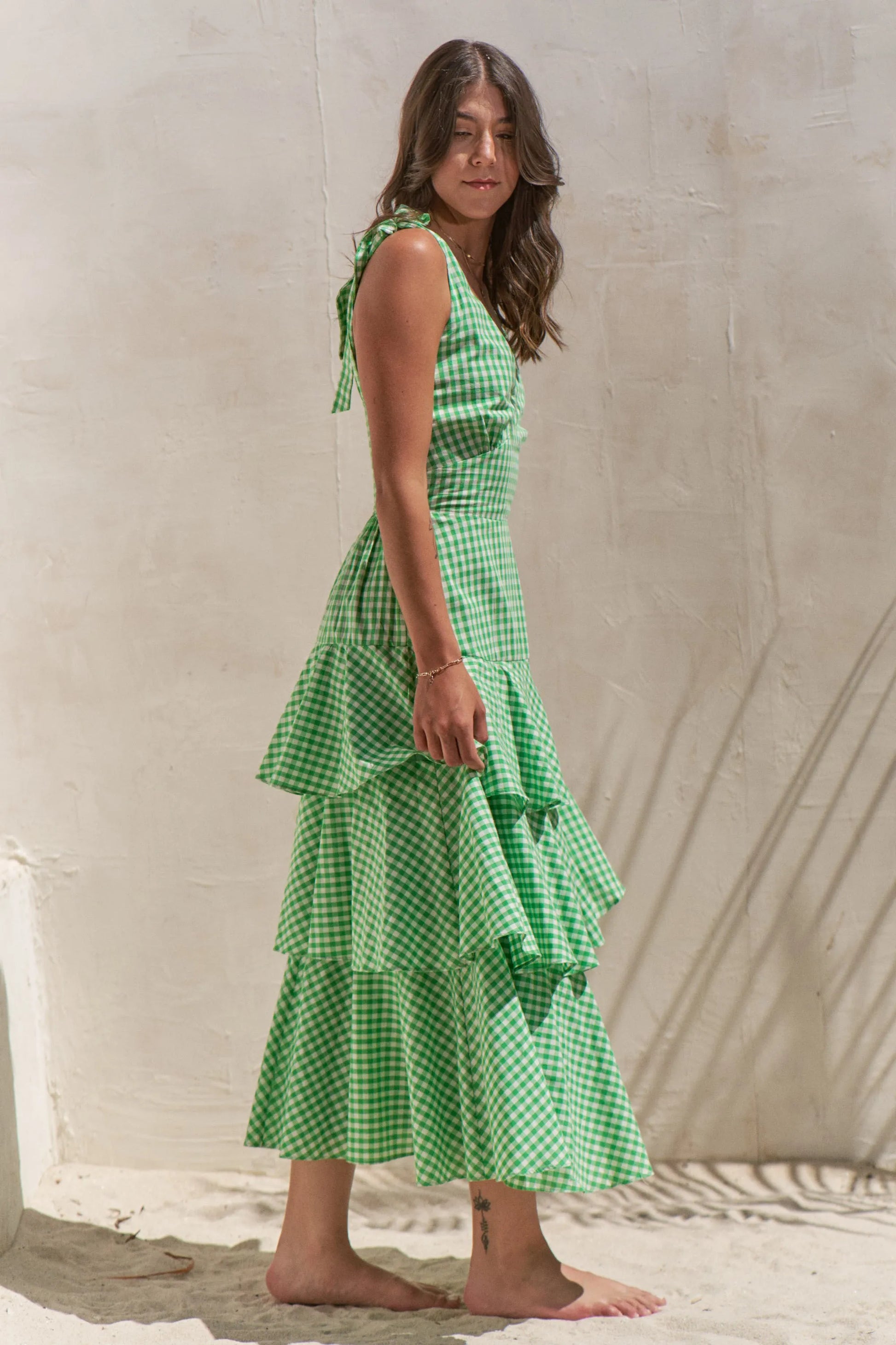 Sleeveless Gingham Print Tiered Green Midi Dress - Tigbul's Variety Fashion Shop
