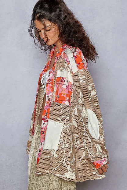 POL Floral Print Crochet Button Up Shirt - Tigbul's Variety Fashion Shop