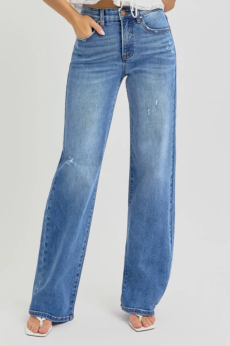 RISEN Full Size Tummy Control Elastic Band High Rise Wide Jeans Plus Size - Tigbul's Variety Fashion Shop