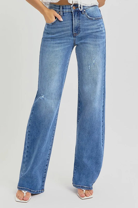 RISEN Full Size Tummy Control Elastic Band High Rise Wide Jeans Plus Size - Tigbul's Variety Fashion Shop