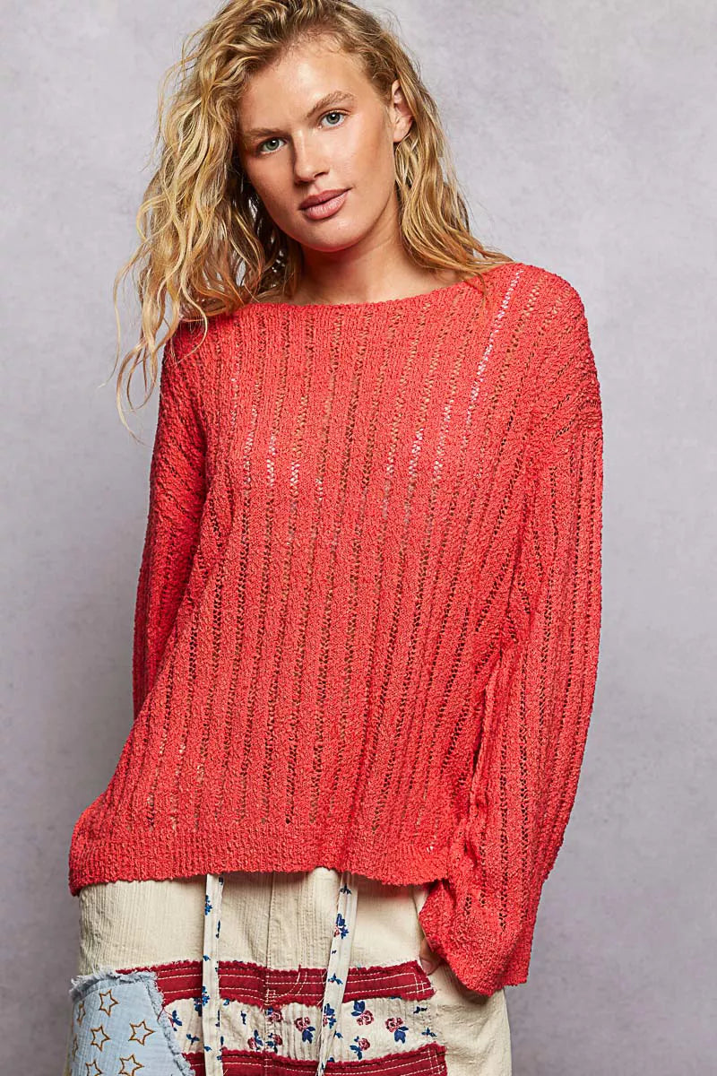 Red long-sleeve open-knit sweater with round neck and textured vertical pattern