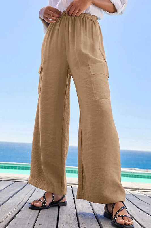 Drawstring Frilled Waist Wide Leg Utility Trousers - Tigbul's Variety Fashion Shop