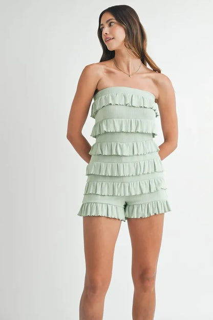 Pointelle Knit Fabric Ruffled Tube Sage Romper - Tigbul's Variety Fashion Shop