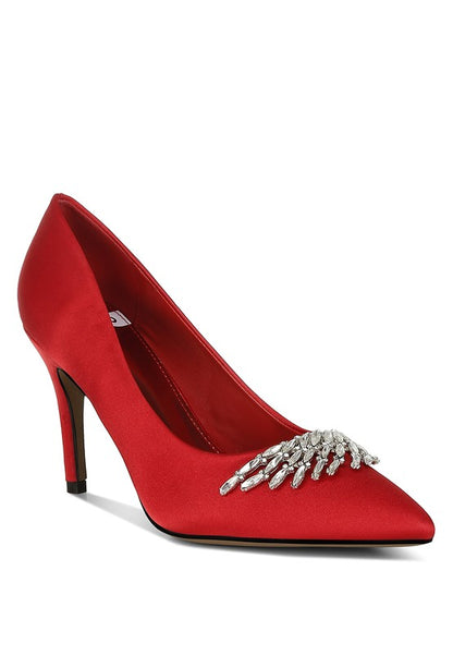 Rhodolia Diamante Brooch Detail Satin Pumps - Tigbul's Variety Fashion Shop