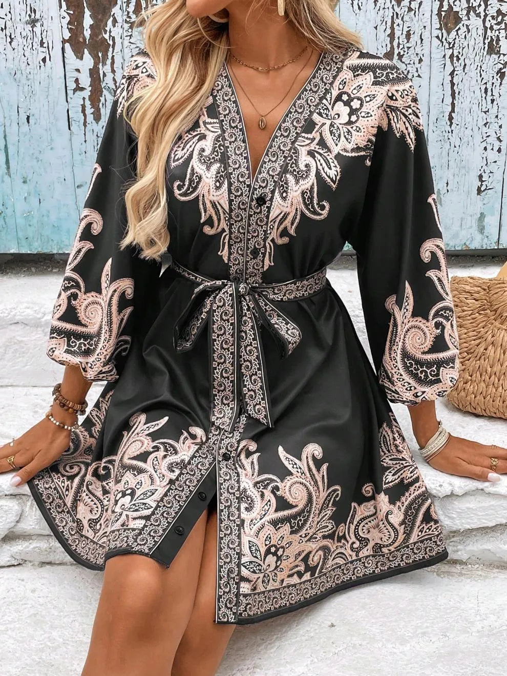 Paisley V-Neck 3/4 Sleeve Mini Dress - Tigbul's Variety Fashion Shop