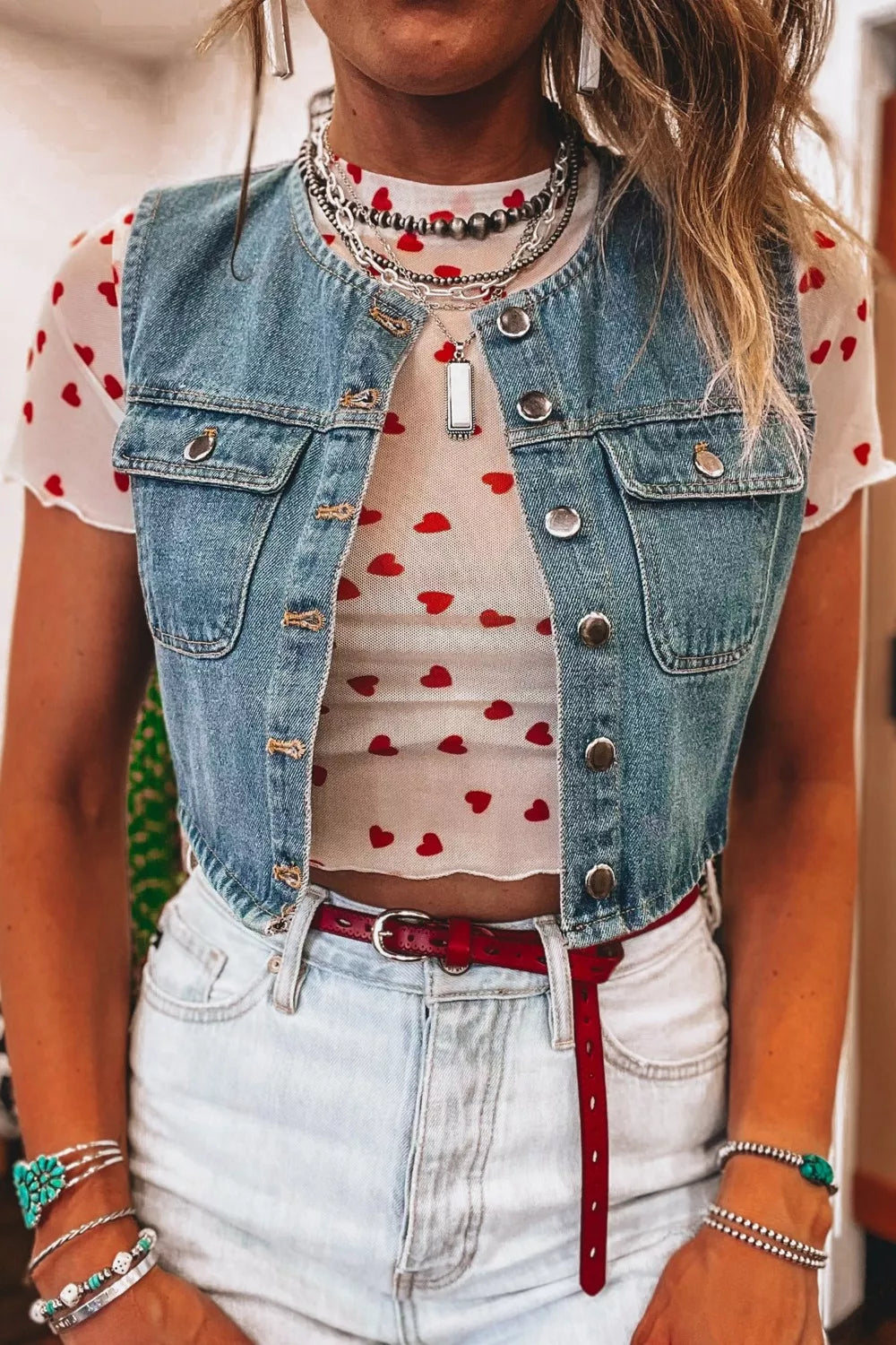 Heart Print Mesh Short Sleeve Top - Tigbul's Variety Fashion Shop