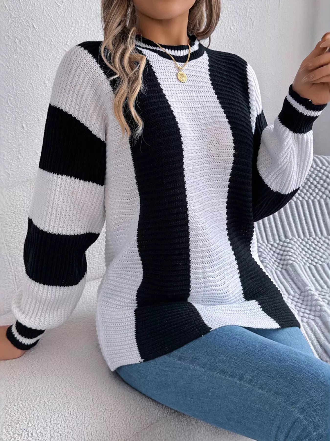 Color Block Round Neck Sweater - Tigbul's Variety Fashion Shop