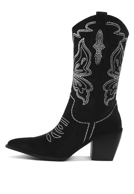 Latafa Rhinestones Embellished Cowboy Boots - Tigbul's Variety Fashion Shop