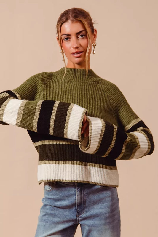 Multi Color Striped Mock Neck Sweater - Tigbul's Variety Fashion Shop