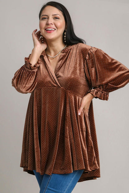 Beaded Brown Velvet Babydoll Blouse - Tigbul's Variety Fashion Shop