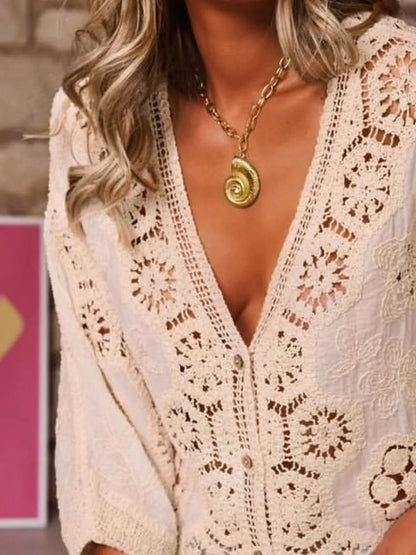 Crochet Lace V-Neck Blouse - Tigbul's Variety Fashion Shop