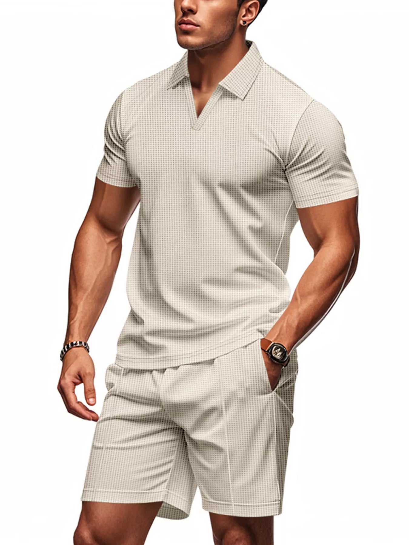 Men's Full Size Textured Short Sleeve Polo and Shorts Set Plus Size - Tigbul's Variety Fashion Shop
