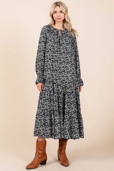 Dark Navy Printed Tie Neck Flounce Sleeve Midi Dress - Tigbul's Variety Fashion Shop
