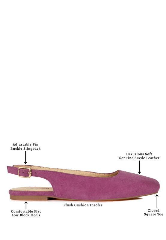 Fuchsia suede slingback flats with plush cushioned insoles and closed square toe