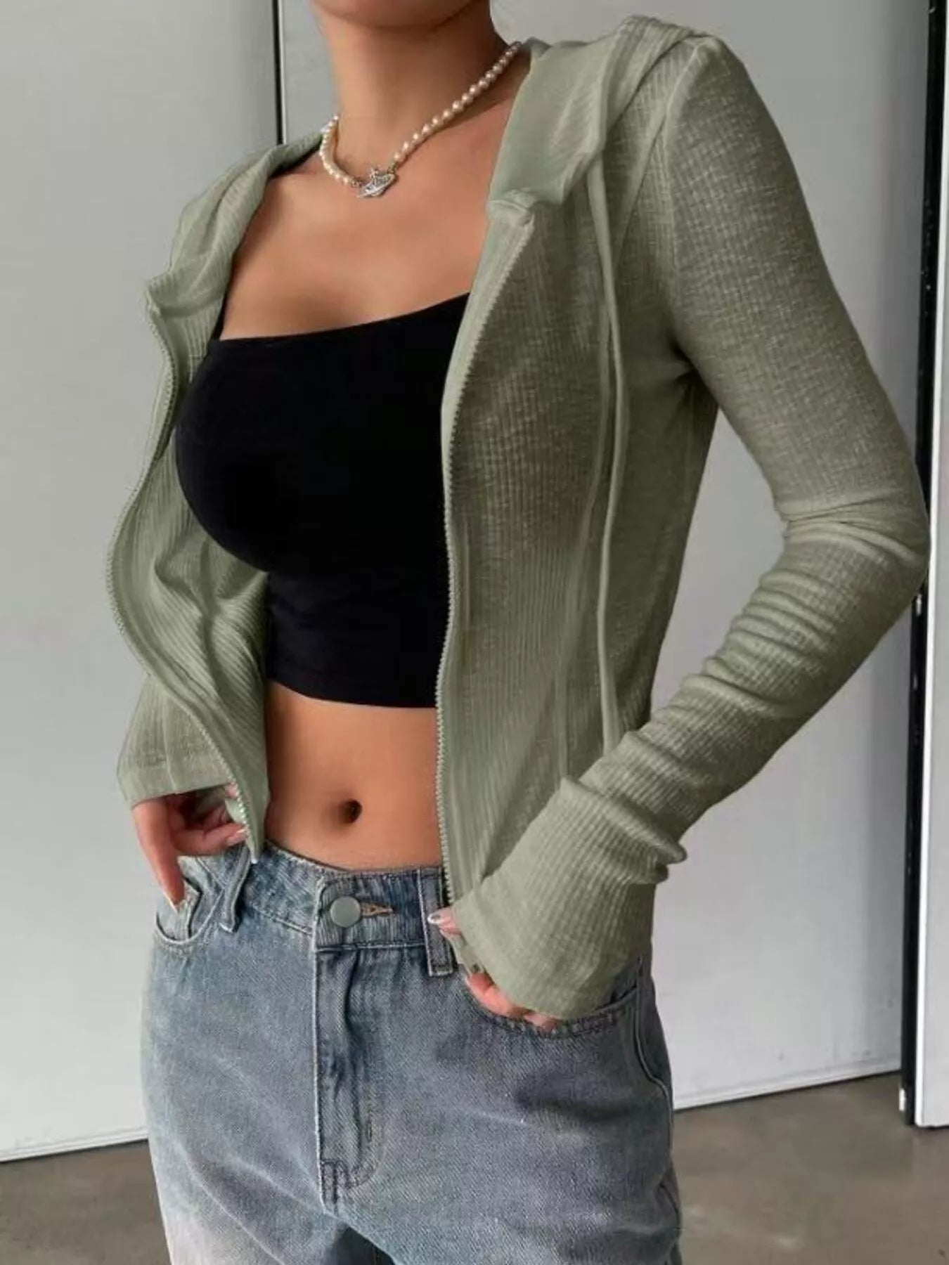 Ribbed Knit Cropped Zip-Up Outerwear - Tigbul's Variety Fashion Shop