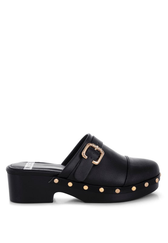 Pinto studded genuine leather clogs, black buckle strap with gold studs, chunky heel