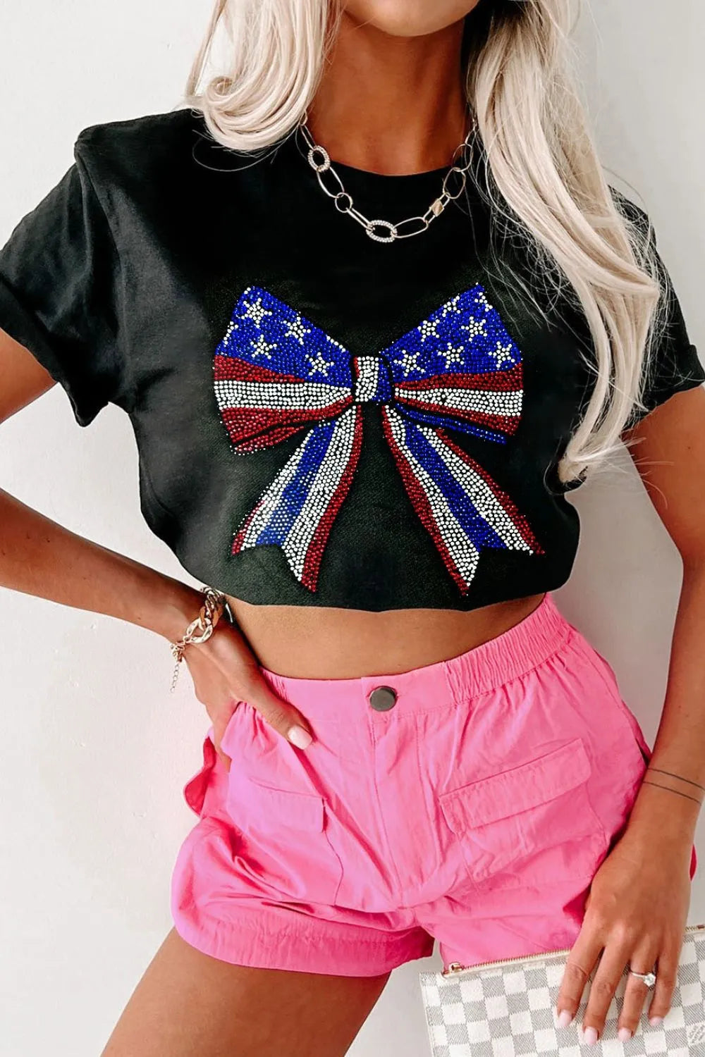 Bow Rhinestone Round Neck T-Shirt - Tigbul's Variety Fashion Shop