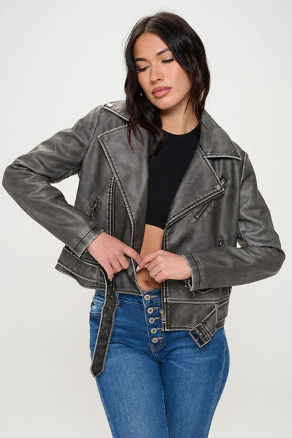 Coalition LA Zip Up Biker Jacket with Belt - Tigbul's Variety Fashion Shop