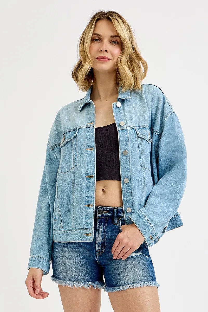 RISEN Washed Dropped Shoulder Denim Jacket - Tigbul's Variety Fashion Shop