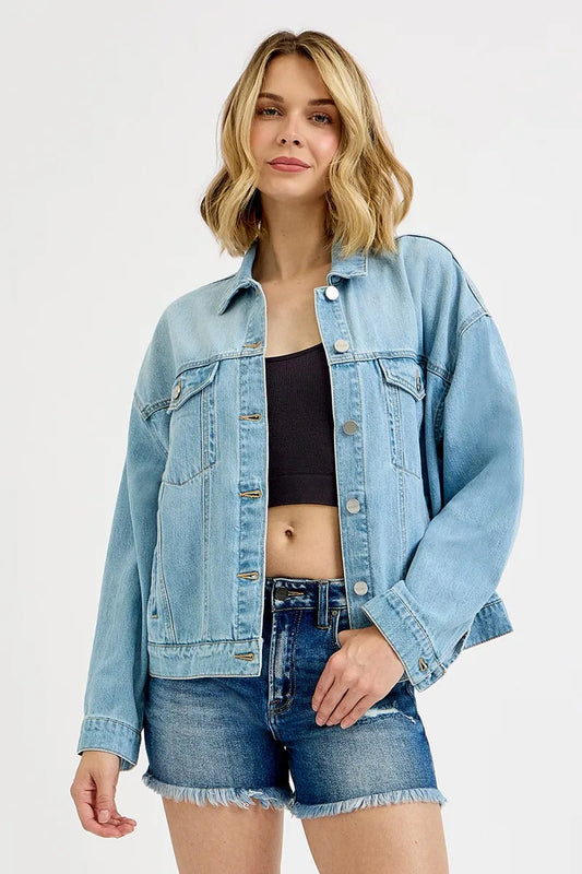 RISEN Washed Dropped Shoulder Denim Jacket - Tigbul's Variety Fashion Shop