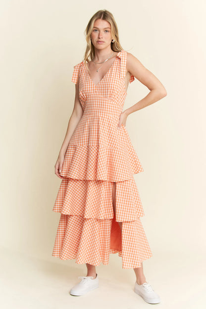 Orange Sleeveless Gingham Print Tiered Midi Dress - Tigbul's Variety Fashion Shop