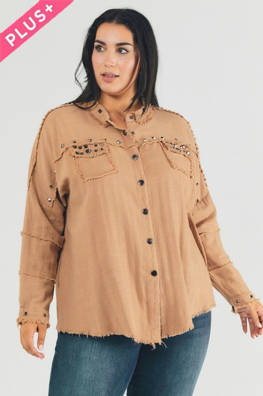 Plus Distressed hem button down oversize shirt - Tigbul's Variety Fashion Shop