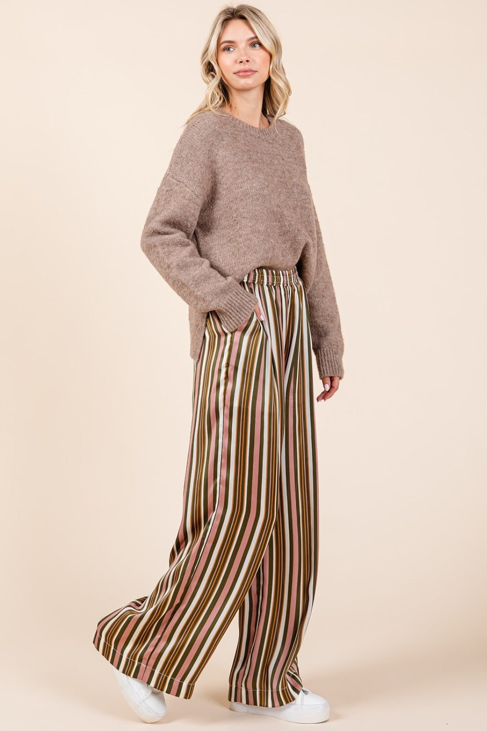 Striped Satin Elastic Waist Wide Leg Pants - Tigbul's Variety Fashion Shop