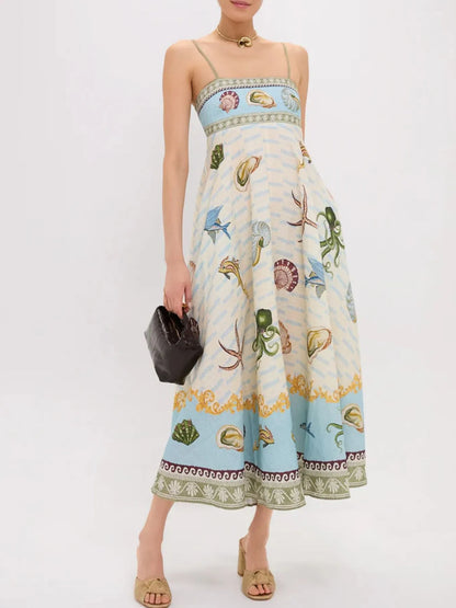 Ocean Print Spaghetti Strap Midi Dress - Tigbul's Variety Fashion Shop
