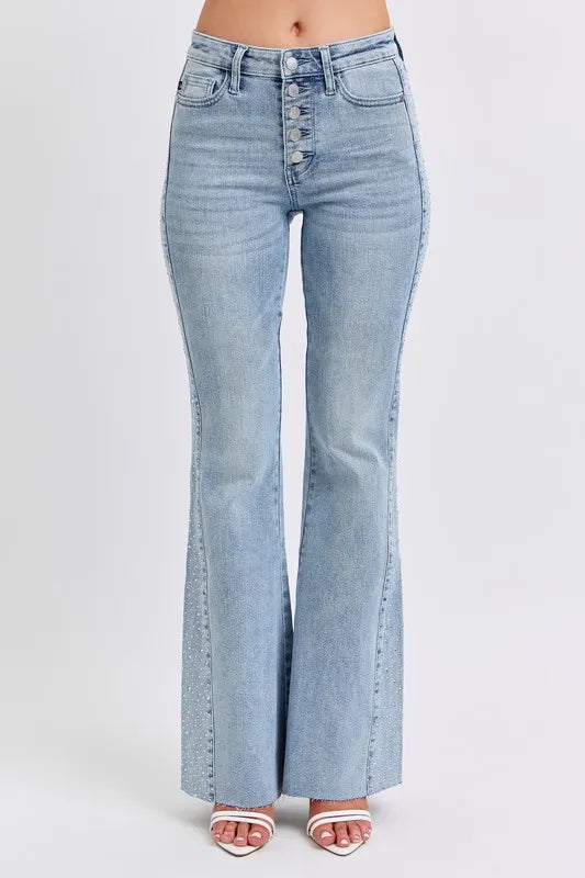 Judy Blue Full Size Midi Rise Rhinestone Side Panel Detail Flare Jeans Plus Size - Tigbul's Variety Fashion Shop