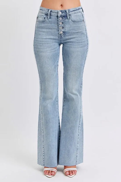 Judy Blue Full Size Midi Rise Rhinestone Side Panel Detail Flare Jeans Plus Size - Tigbul's Variety Fashion Shop