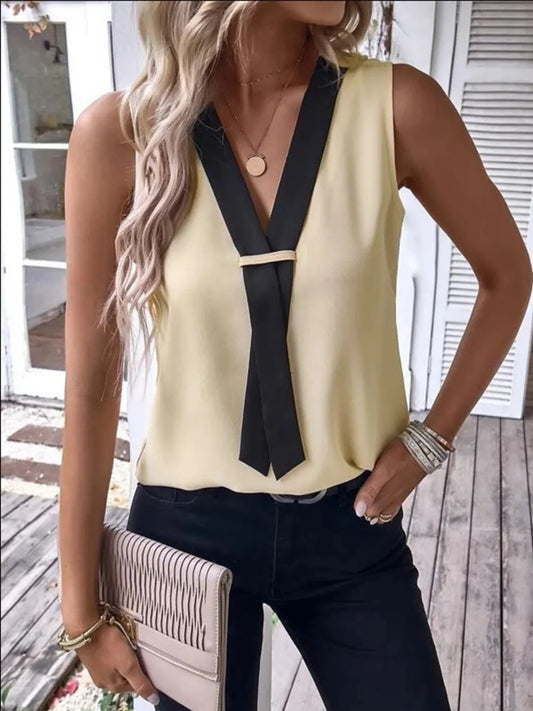 V-Neck Contrast Tank Shirt - Tigbul's Variety Fashion Shop