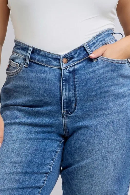Judy Blue Full Size High Waist V-Front Vintage Wash Straight Jeans Plus Size - Tigbul's Variety Fashion Shop