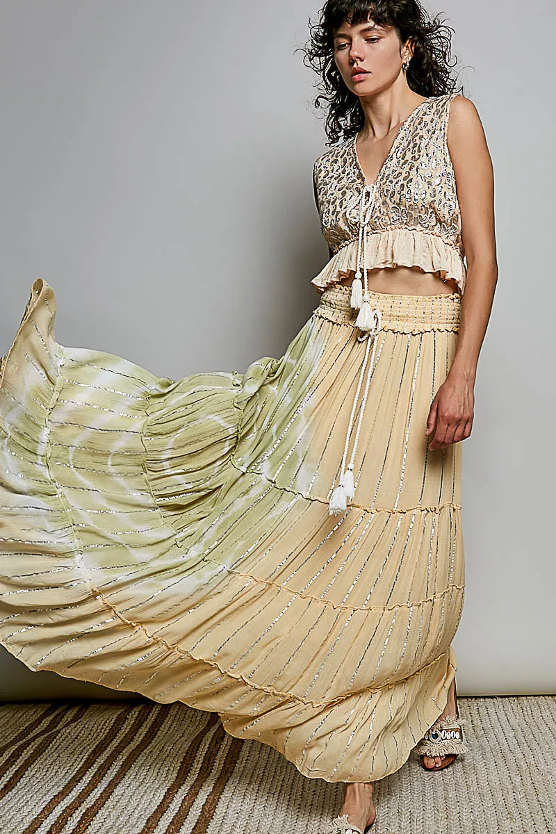 POL Shimmer Tiered Reverse Ruffle Smocked Waist Maxi Skirt | Tigbuls