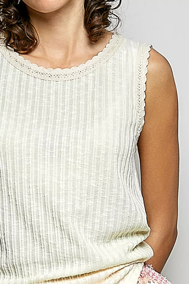 POL Ribbed Round Neck Tank with Lace Trim - Tigbul's Variety Fashion Shop