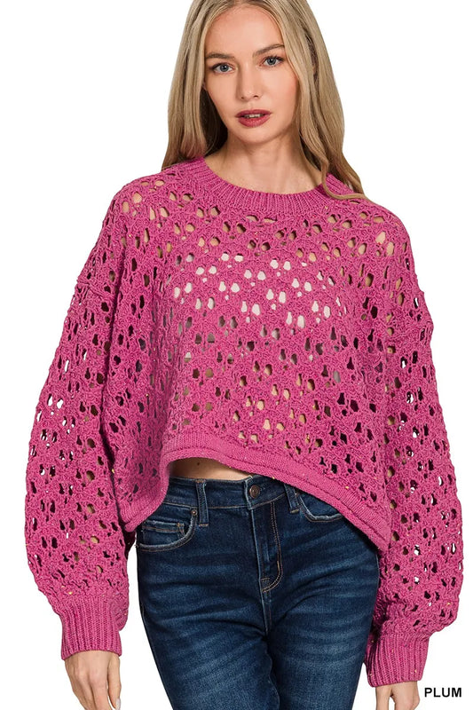 Zenana Oversized Cropped Crochet Knit Sweater - Tigbul's Variety Fashion Shop