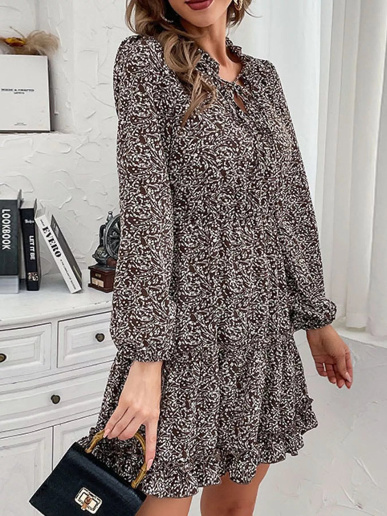 Ruffle Hem Tie Neck Mini Dress - Tigbul's Variety Fashion Shop