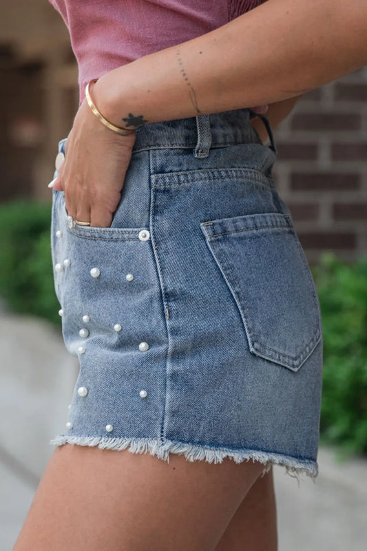 Pearl Beaded Raw Hem Wash Denim Shorts - Tigbul's Variety Fashion Shop