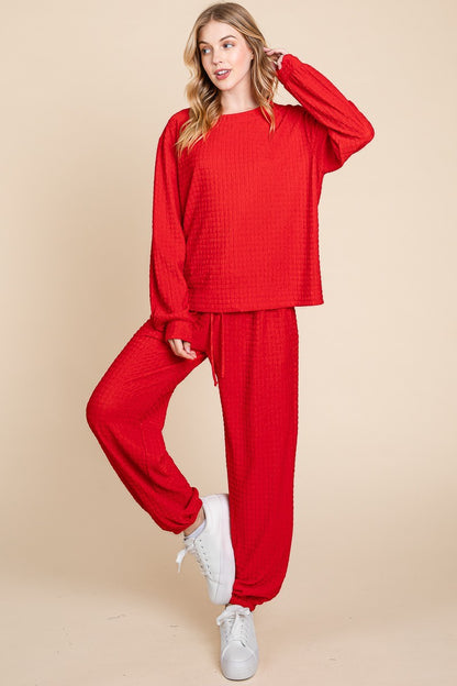 Red Crinkle Check Round Neck Top and Pants Lounge Set - Tigbul's Variety Fashion Shop