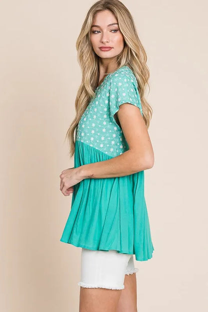 Embroidered Short Sleeve Pleated Babydoll Top Plus Size - Tigbul's Variety Fashion Shop