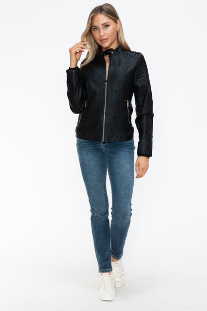 Black PU Leather Biker Jacket with Side Zip Pockets