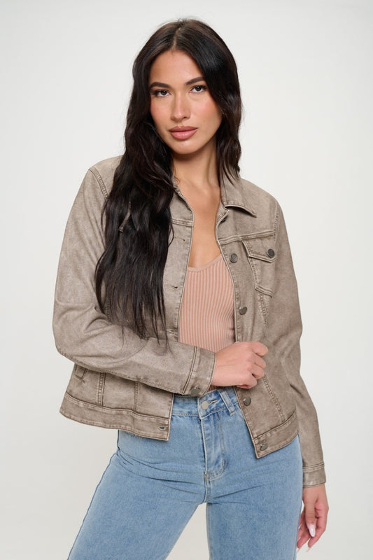 Button Down Cargo Vegan Leather Shacket, Taupe - Tigbul's Variety Fashion Shop