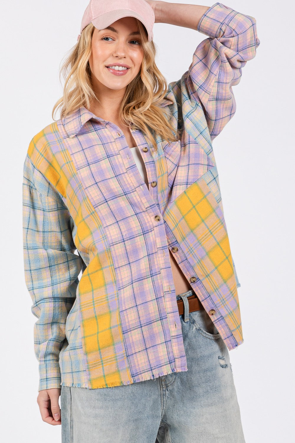 SAGE + FIG Button Up Raw Hem  Plaid Flannel Shirt - Tigbul's Variety Fashion Shop