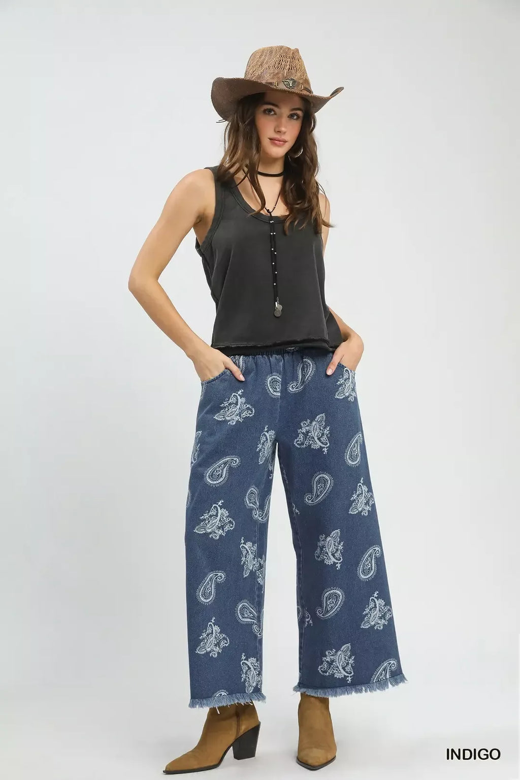 Umgee denim wide-leg pants in indigo with white paisley print and frayed hems