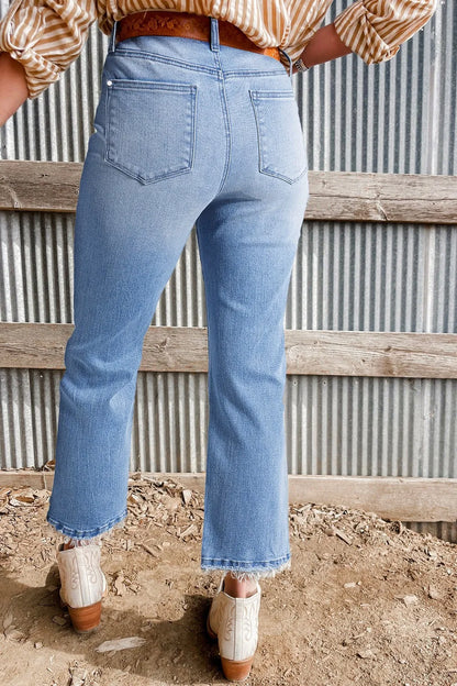 Mineral Wash Raw Hem High Waist Flared Jeans - Tigbul's Variety Fashion Shop