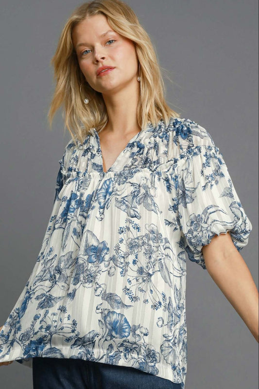 Umgee Full Size Floral Print Metallic Ruffle Blouse Plus Size - Tigbul's Variety Fashion Shop