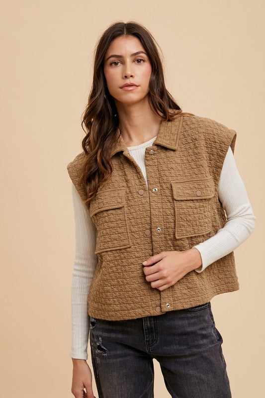 Annie Wear Puzzle Quilted Snap Down Vest Coat