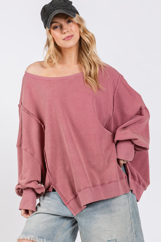 SAGE + FIG Mineral Wash Side Slit Oversized Sweatshirt - Tigbul's Variety Fashion Shop