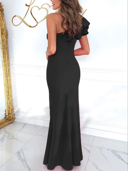 Cutout One Shoulder Ruffle Split Dress - Tigbul's Variety Fashion Shop