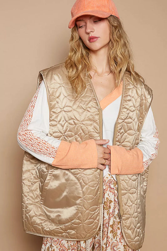 POL Front Zipper Floral Pattern Quilted Vest Coat with Front Pockets - Tigbul's Variety Fashion Shop