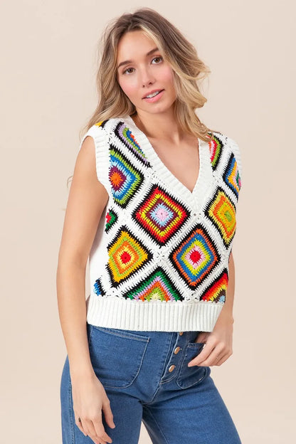BiBi Diamond Granny Square Sweater Vest - Tigbul's Variety Fashion Shop